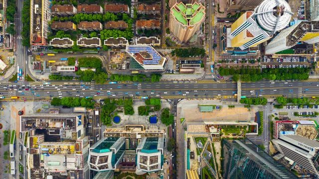 day time shenzhen city traffic street crossroad aerial topdown timelapse 4k china
