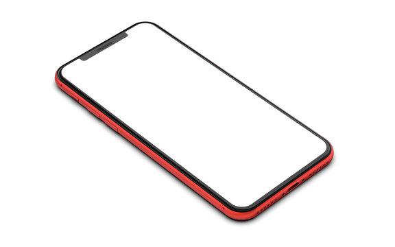 Red smartphone with blank screen, isolated on white background. Template, mockup.