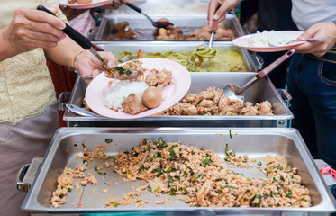 Food Buffet Catering Dining Eating Party Sharing Concept.people group catering buffet food indoor in luxury restaurant with meat colorful fruits and vegetables