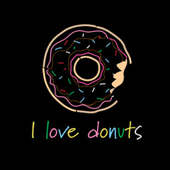 donuts covered colorful icing bitten off lettering template greeting card black background