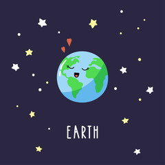 Lovely cartoon Earth in the night sky. Bright vector illustration suitable for greeting card, poster or print on a T-shirt.