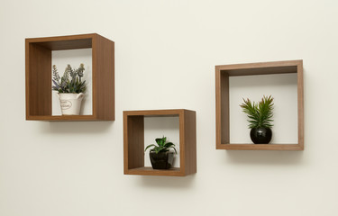 Wooden wall shelves and plant pot inside set of three