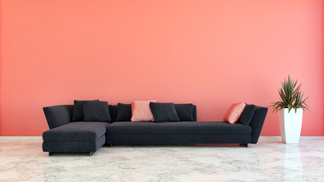 large luxury modern bright interiors Living room korall red illustration 3D rendering computer digitally generated image