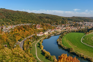 Blick auf Neckarsteinach und den Neckar nahe Heidelberg - obrazy, fototapety, plakaty