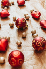 Red and golden Christmas balls, festive background