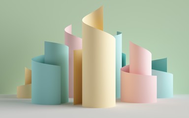 3d render, paper ribbon rolls, abstract shapes, pastel fashion background, swirl, scroll, curl, spiral, cylinder