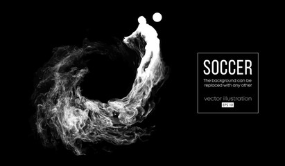Abstract silhouette of a football player on dark black background from particles. Soccer player running jumping with ball. World and european league. Background can be changed to any other vector © matrosovv