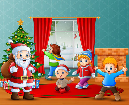Santa claus and some kids celebrating a christmas at home