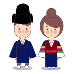 King and Queen ceremonial traditional national clothes of Korea. Set of cartoon characters in traditional costume. Vector flat illustrations.