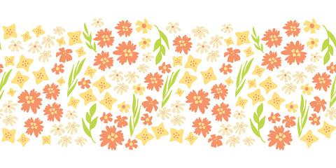 Sping flowers seamless vector repeat border. Hand drawn floral border green, yellow, pink. Scandinavian doodle flat ditsy flower. Use for spring, summer, easter, fabric, dress, wallpaper, card decor