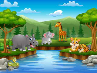 Animals cartoon are enjoying nature by the river