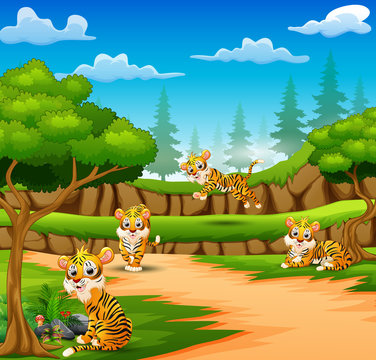Tiger cartoon are enjoying nature in the forest