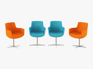 Four chairs orange and blue with iron legs 3d rendering