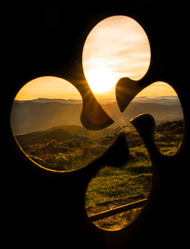 Basque symbol under a sunset, Basque Country, Spain