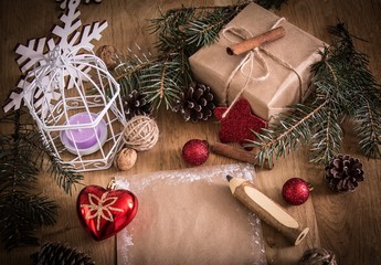 greeting card and pencil in the Christmas background.