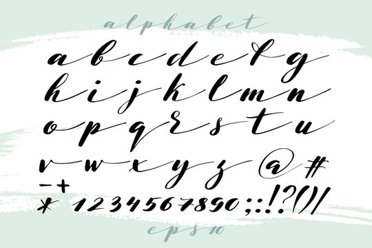 Hand drawn alphabet, marks and numbers. Handwritten lettering in brush style. Modern script in vector. Handmade artistic letters and figures for design.