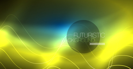 Glowing abstract wave on dark, shiny motion, Christmas and New Year magic space light. Techno abstract background