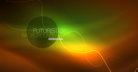 Abstract shiny glowinng color wave design element on dark background - science or technology concept