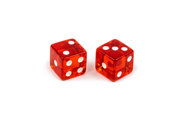 Two red glass dice isolated on white background. Two and three.