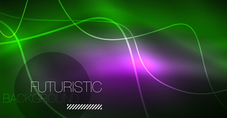 Abstract shiny glowinng color wave design element on dark background - science or technology concept