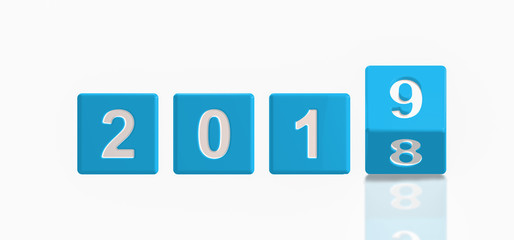3d illustration of new year 2019,concept of dice with number reflected on plane