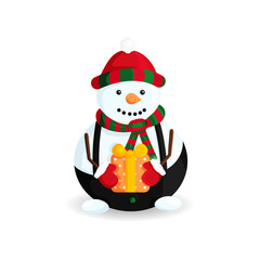 Vector Illustration of Snowman in Striped Hat and Scarf with Gift