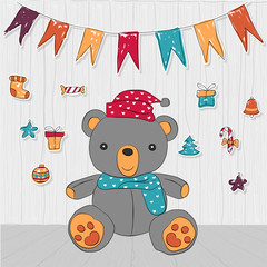  Cute teddy bear doodle background for merry christmas card vector and illustration.