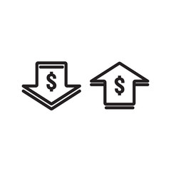 dollar increase decrease icon. Money symbol with arrow stretching rising up and drop fall down. Business cost sale and reduction icon. vector illustration