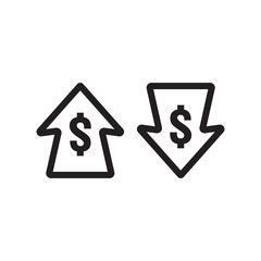 dollar increase decrease icon. Money symbol with arrow stretching rising up and drop fall down. Business cost sale and reduction icon. vector illustration