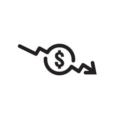 dollar arrow decrease icon. Money arrow symbol. economy stretching rising drop fall down. Business lost crisis decrease. lower cost, reduction bankrupt icon. vector illustration.