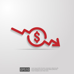 dollar arrow decrease icon. Money arrow symbol. economy stretching rising drop fall down. Business lost crisis decrease. lower cost, reduction bankrupt icon. vector illustration.