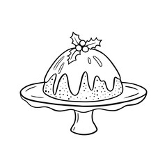 Christmas pudding with holly berries and leaves, line art drawing, traditional festive dessert glazed with sugar icing, holiday sweet pastry vector outline sketch for coloring or restaurant menu.