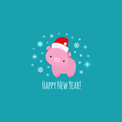 Fototapeta na wymiar Pig symbol of year 2019 animal sign, little piglet cute funny cartoon character with Santa red hat, snowflakes, text happy new year, for banner, greeting card, surface print, on green background.