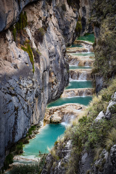 Millpu Lagoon, a series of stunning natural turqoise pools, near the city of Ayacucho, Peru