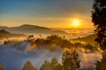 Foto op Plexiglas Mistige ochtendstond Oeganda zonsopgang met bomen, heuvels, schaduwen en ochtendmist