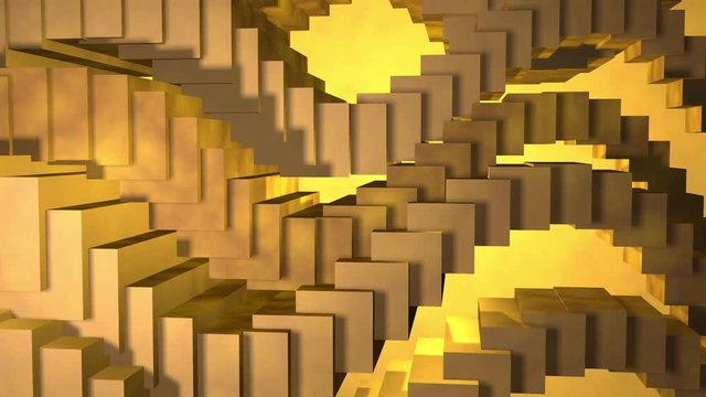 Golden floating stair cases against luminous yellow sun  background . 3d animation