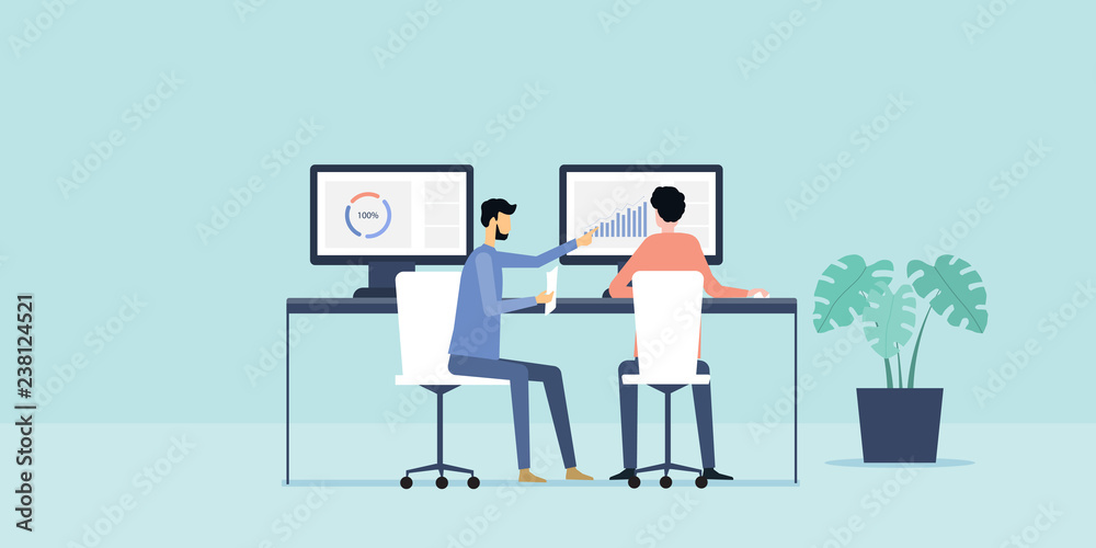 Poster flat illustration two business people analytics and monitoring finance investment on monitor report graph with business team working concept 