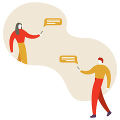 Characters design. People use mobile smartphone, tablet and laptop for chatting in social media, can use for landing page, template, ui, web, mobile app, poster, banner, flyer. Vector illustration