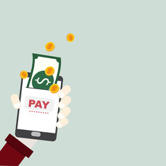 Hand hold mobile phone pay for shopping,digital payment technology concept,