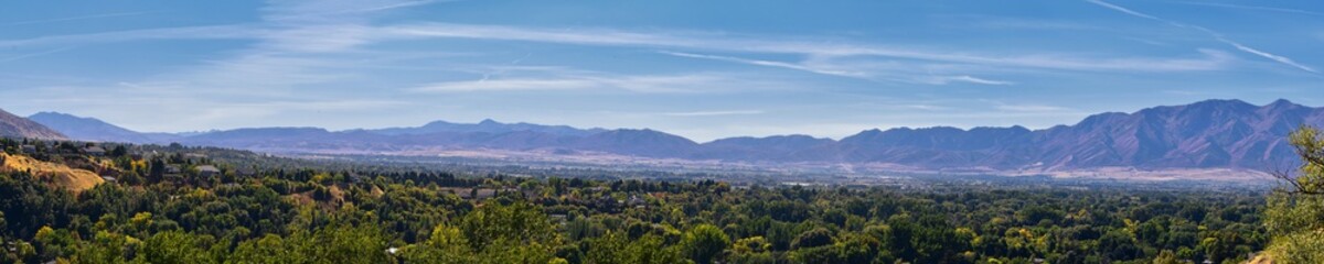 Logan Valley landscape views including Wellsville Mountains, Nibley, Hyrum, Providence and College Ward towns, home of Utah State University, in Cache County a branch of the Wasatch Range of the Rocky