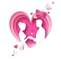 Love paper cut style. Origami couple. Valentines day, pink heart. Lovely girl and boy. Heart layered frame. Pink.
