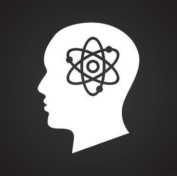 Human head with atom icon on black background for graphic and web design, Modern simple vector sign. Internet concept. Trendy symbol for website design web button or mobile app
