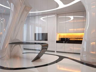 Kitchen of the future. Futuristic bar counter. Modern kitchen interior design. 3D illustration