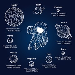 Planets comparison. Solar system planet set size sketch vector illustration with hand drawn astronaut © vectortatu