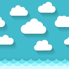 Seascape with clouds. Paper sea or ocean water and blue sky vector pattern