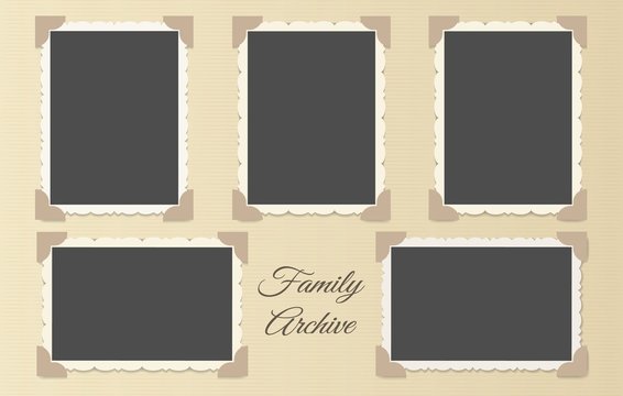 Family photo album collage. Retro photos page template vector illustration, vintage blank photo frames old style layout