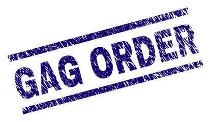 GAG ORDER seal print with grunge style. Blue vector rubber print of GAG ORDER title with scratched texture. Text title is placed between parallel lines.