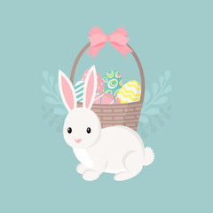 Happy easter greeting card, poster with cute bunny. Rabbit and basket with easter eggs. Vector illustration.