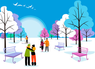 people walk in the winter Park. Sunny winter landscape