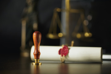 Notary's public pen and stamp on testament and last will. Notary public
